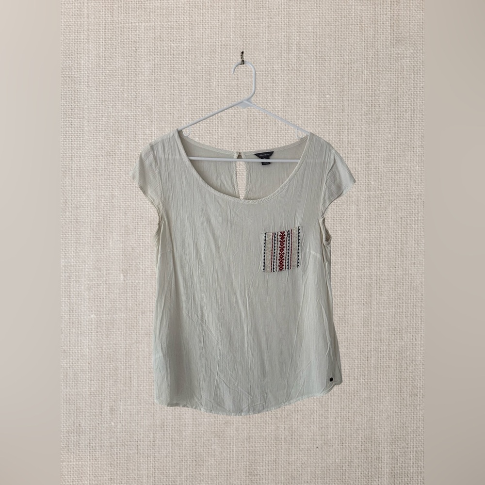 Eddie Bauer Light Cream Short Sleeve Top with Embroidered Pocket